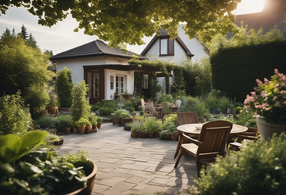 A house surrounded by a well-planned garden with a variety of plants and trees, a cozy outdoor seating area, and a small vegetable garden