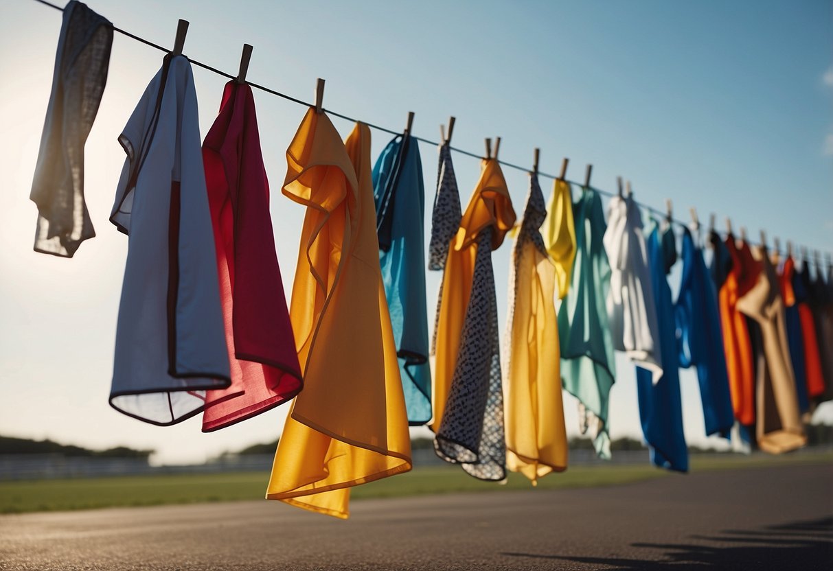 Bright, sunny day at the racetrack. Colorful, lightweight riding apparel neatly displayed on a clothesline. Wind gently blowing through the fabric