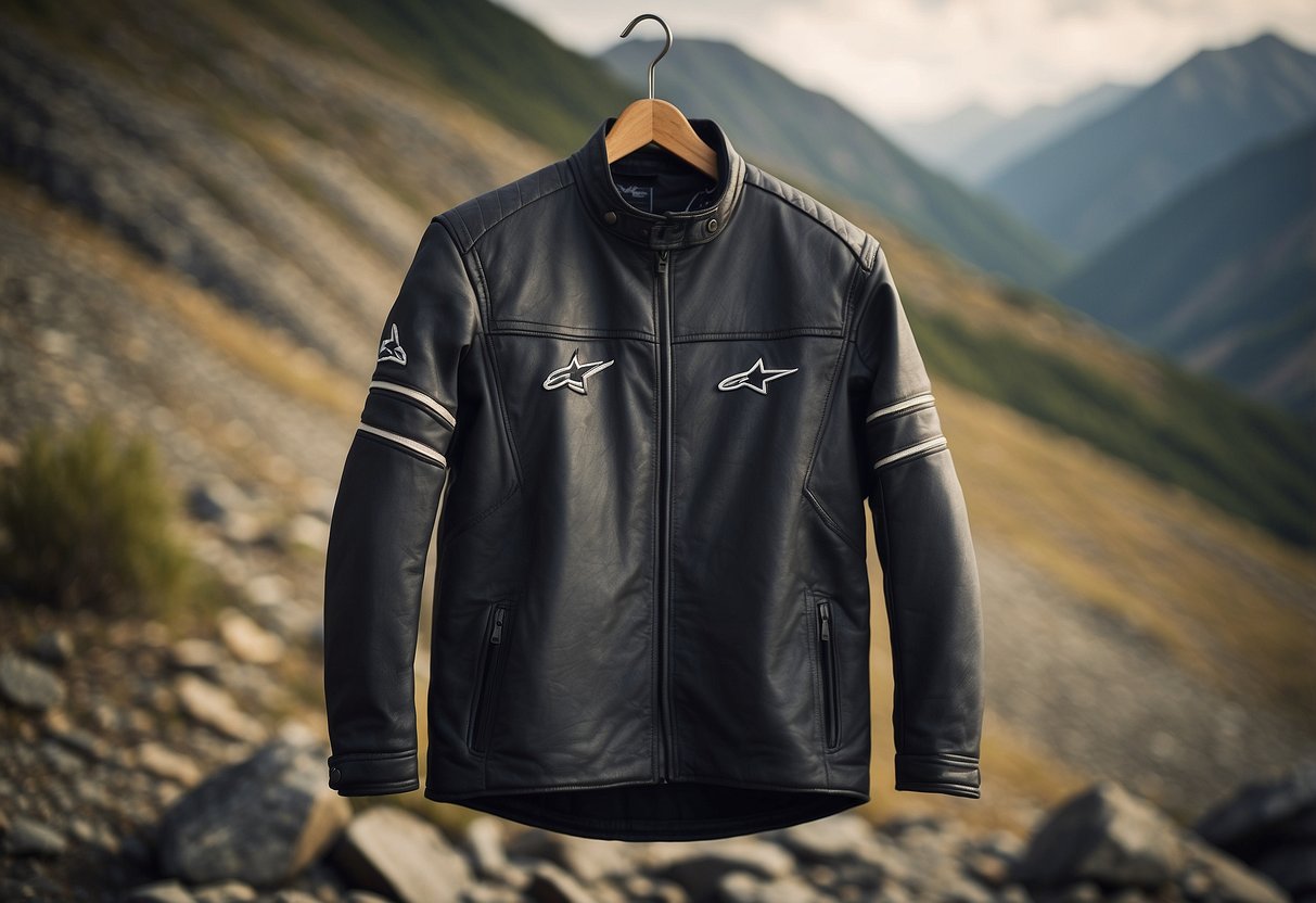 A motorcycle jacket hangs on a hanger, with the Alpinestars logo prominently displayed, against a backdrop of rugged mountain terrain