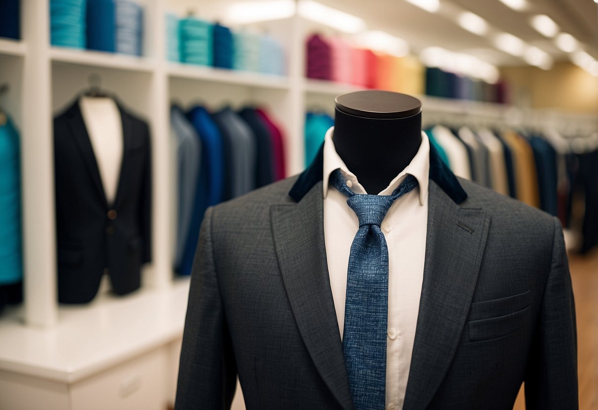 A stack of lightweight fabric rolls, a sewing machine, and a mannequin wearing a sleek riding jacket and pants