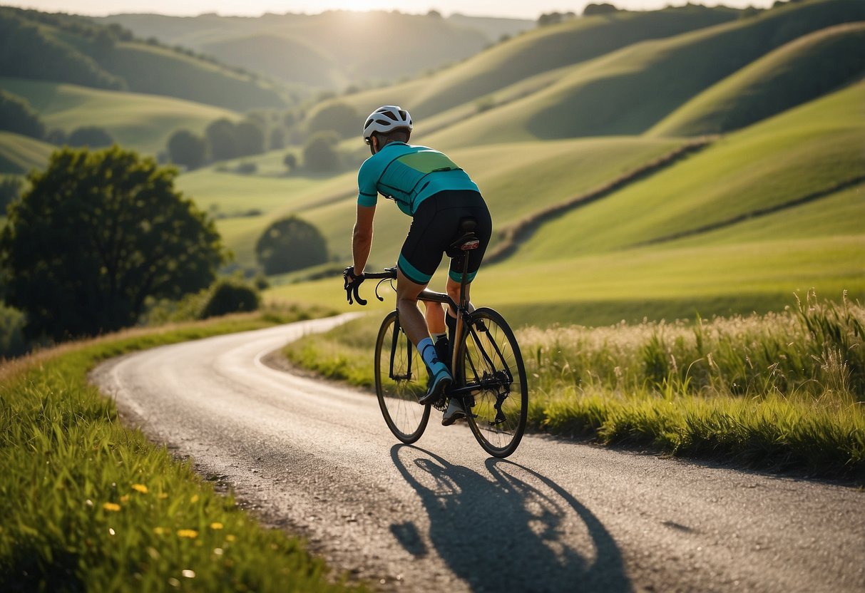 Bright sun shines on a rolling landscape, with lush green fields and a clear blue sky. A cyclist rides along a winding road, wearing lightweight, breathable riding apparel suitable for warm weather