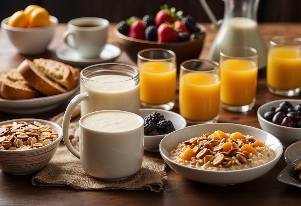 A table set with a variety of breakfast foods, including oatmeal, fruit, yogurt, and eggs, with a glass of orange juice and a mug of coffee