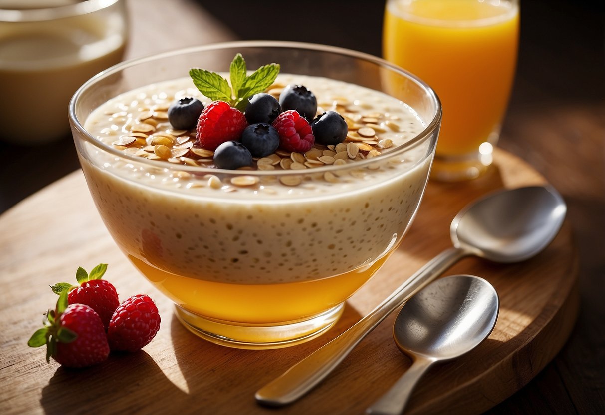 A bowl of oatmeal topped with fresh berries and drizzled with honey sits on a wooden table, surrounded by a glass of orange juice and a spoon