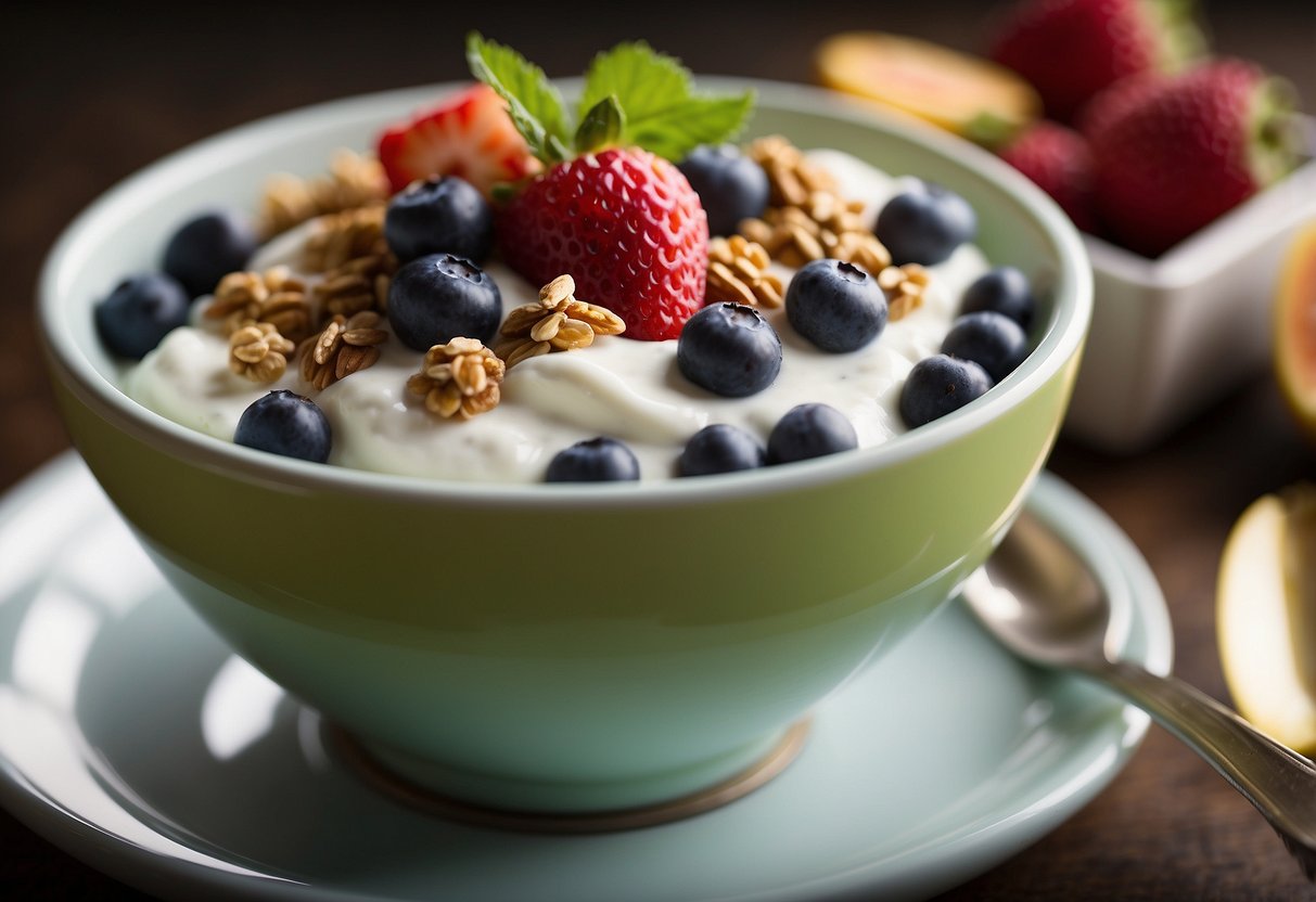 A bowl of Greek yogurt topped with granola and fresh fruit sits on a table, ready to fuel a cyclist's morning ride