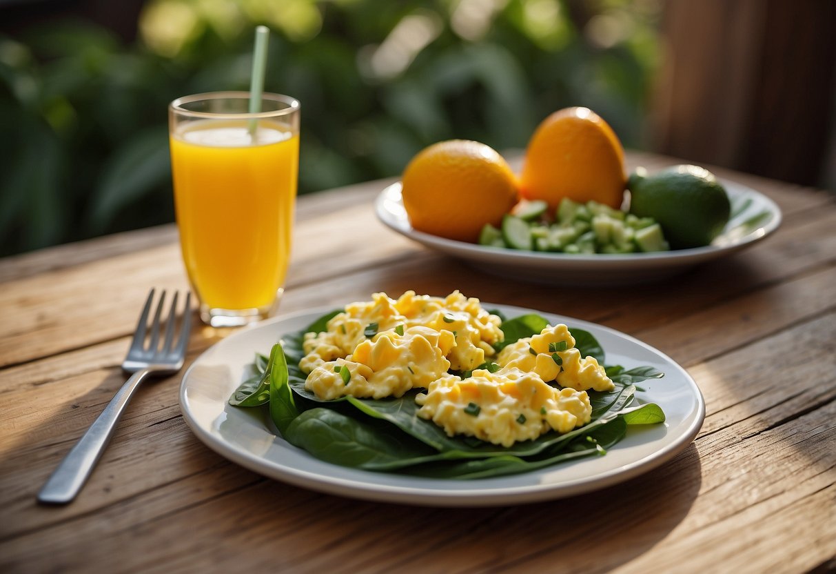 A plate of scrambled eggs with spinach and avocado sits next to a glass of orange juice on a rustic wooden table, with a bike helmet and water bottle in the background