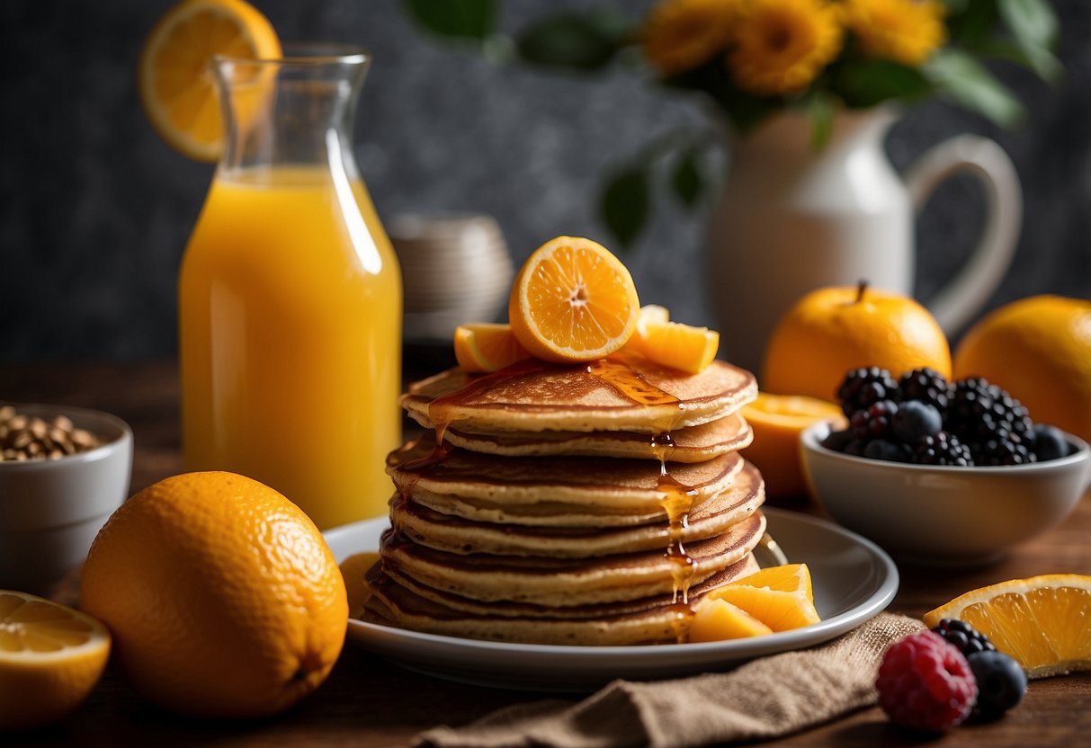 A stack of whole grain pancakes drenched in maple syrup on a plate, accompanied by a side of fresh fruit and a glass of orange juice