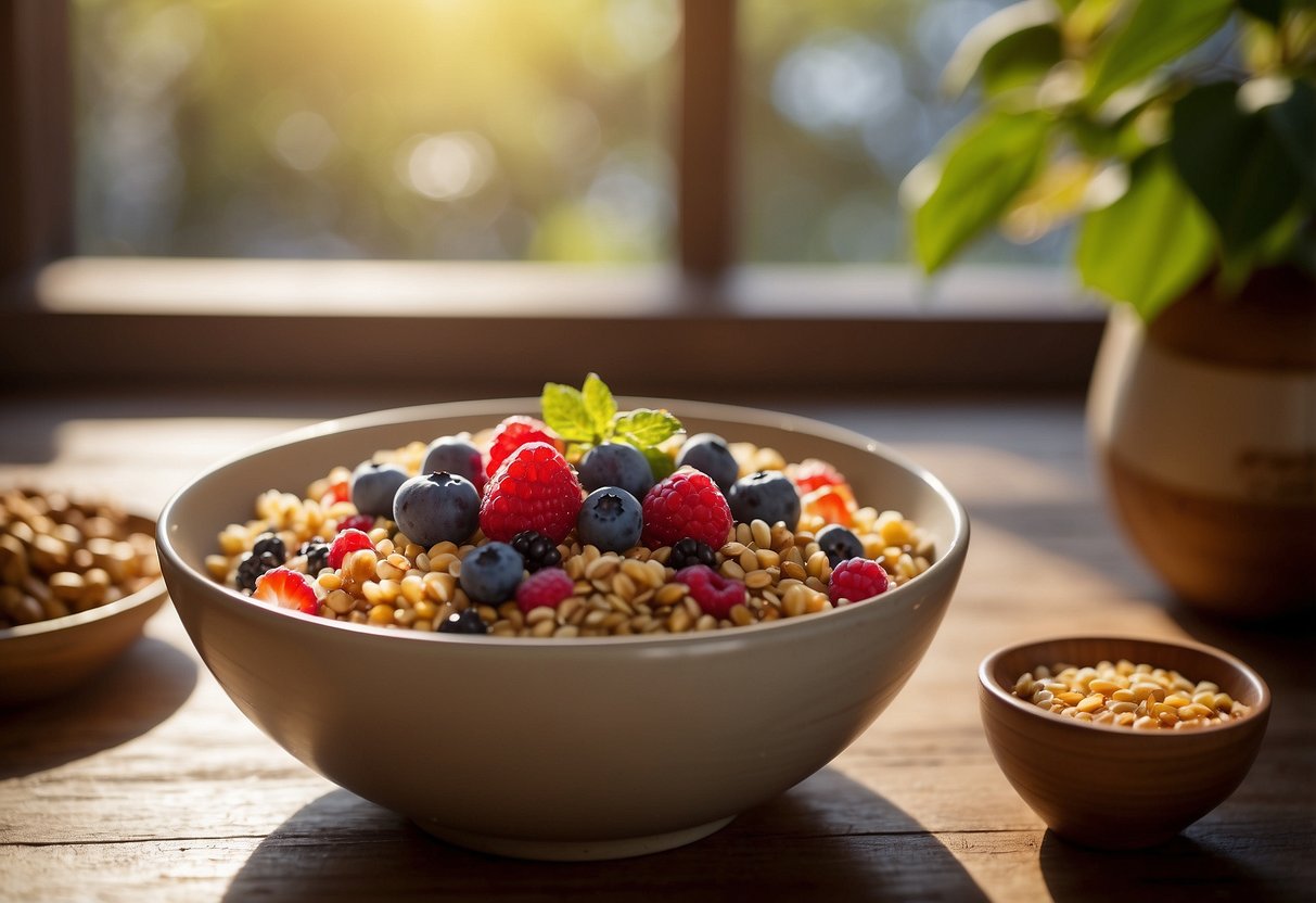 A colorful quinoa breakfast bowl topped with fresh berries sits on a wooden table, surrounded by ingredients like nuts, seeds, and honey. The morning sunlight streams in through a nearby window, creating a warm and inviting atmosphere