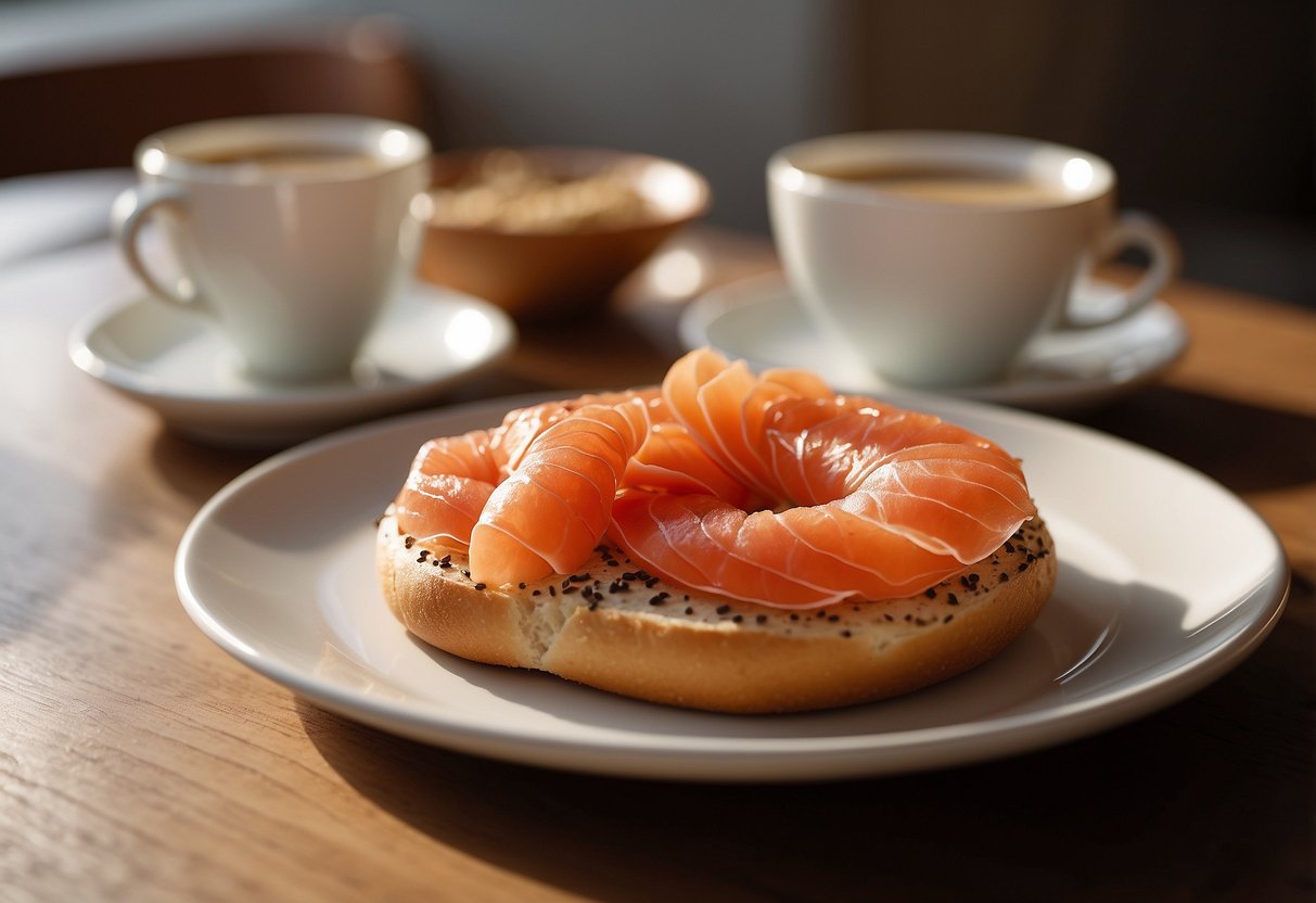 A whole wheat bagel topped with smoked salmon sits on a plate next to a cup of coffee. The morning sunlight streams through a window, casting a warm glow on the breakfast spread