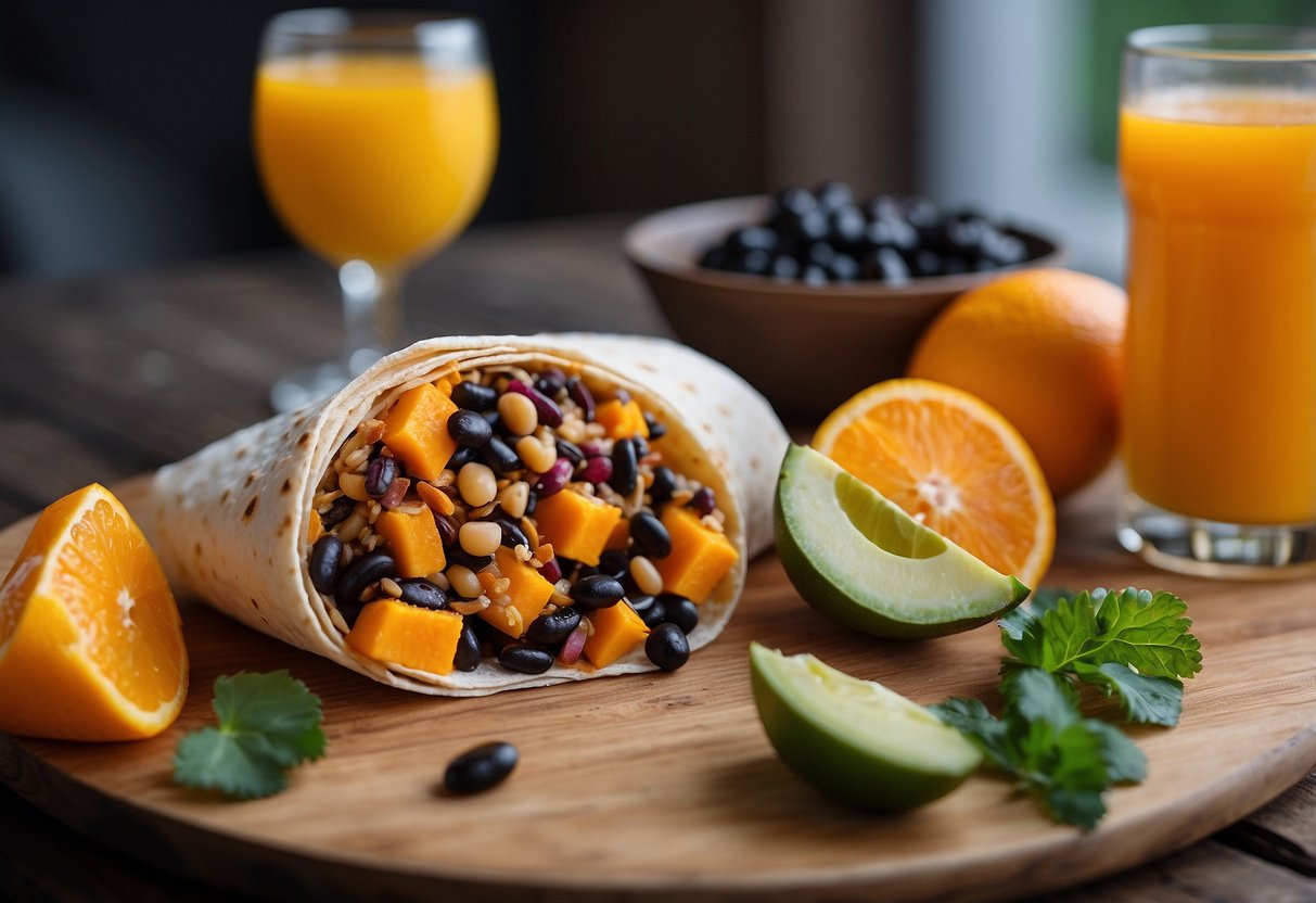 A colorful burrito filled with sweet potato and black beans, surrounded by fresh fruits and a glass of orange juice, ready to fuel a cyclist's morning ride