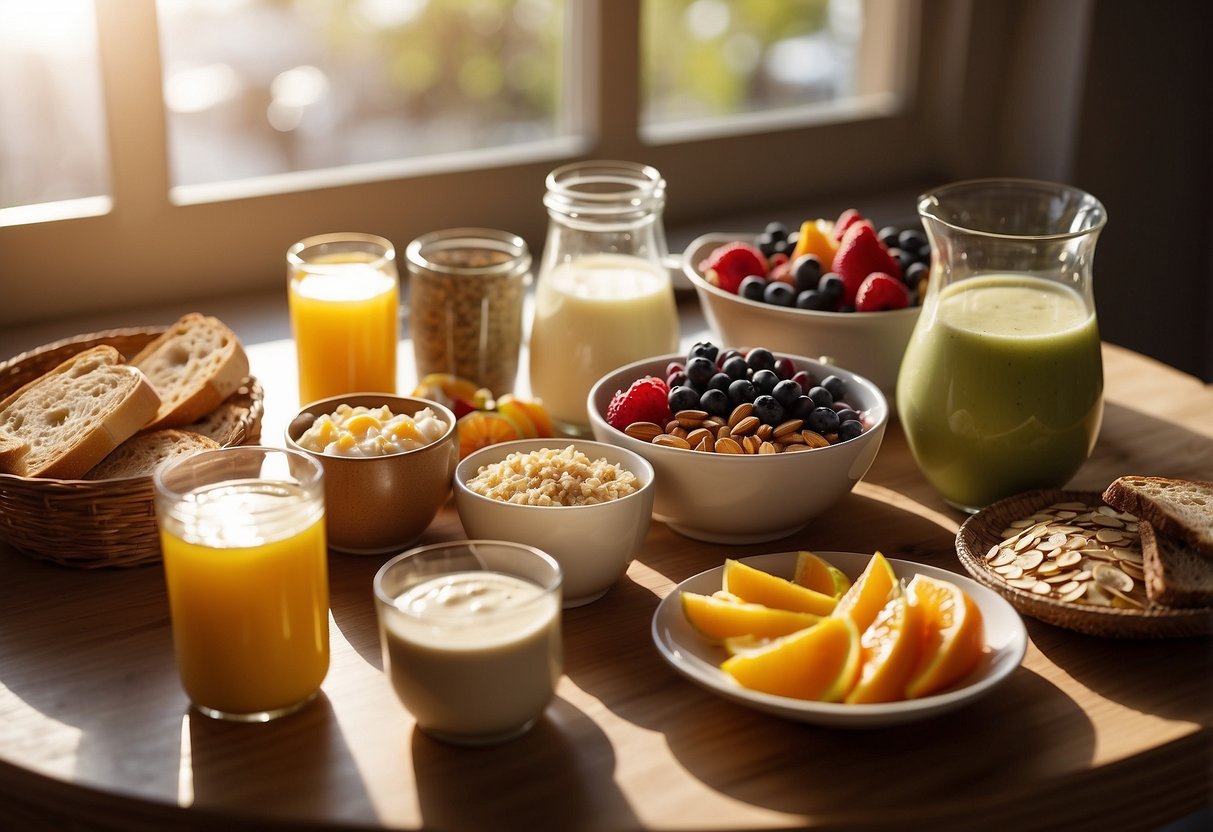 A table set with a variety of breakfast foods: oatmeal, yogurt, fruit, eggs, toast, and smoothies. Sunlight streams through a window, highlighting the colorful spread