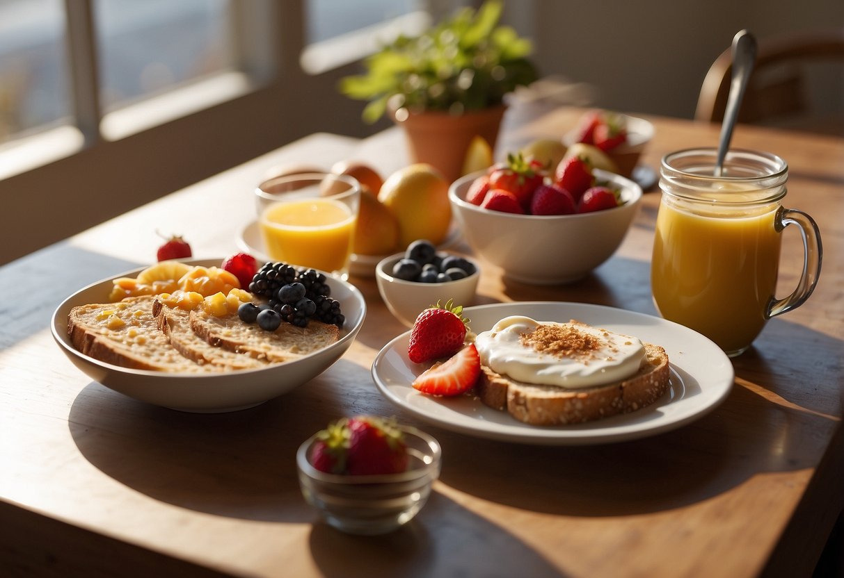 A table set with a variety of breakfast options, including oatmeal, yogurt, fruit, and toast. The morning sun streams in through a window, casting a warm glow over the spread