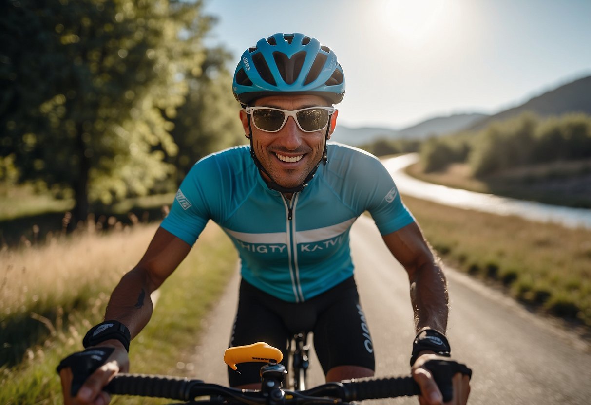 A cyclist with a water bottle attached to their bike, riding through a sunny landscape with a clear blue sky. They pass by a water fountain and a sign with tips for staying hydrated while riding