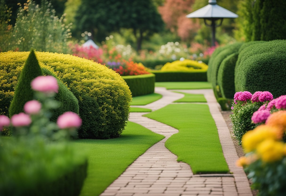 A well-maintained garden with colorful flowers, trimmed hedges, and a neatly manicured lawn, surrounded by a decorative fence and a welcoming pathway