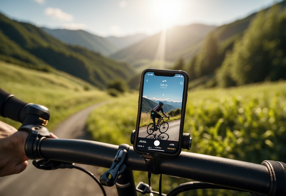 A cyclist using a hydration app on their phone while riding, with water bottle and electrolyte drink in the bike's bottle holder. Sun shining, trees and hills in the background