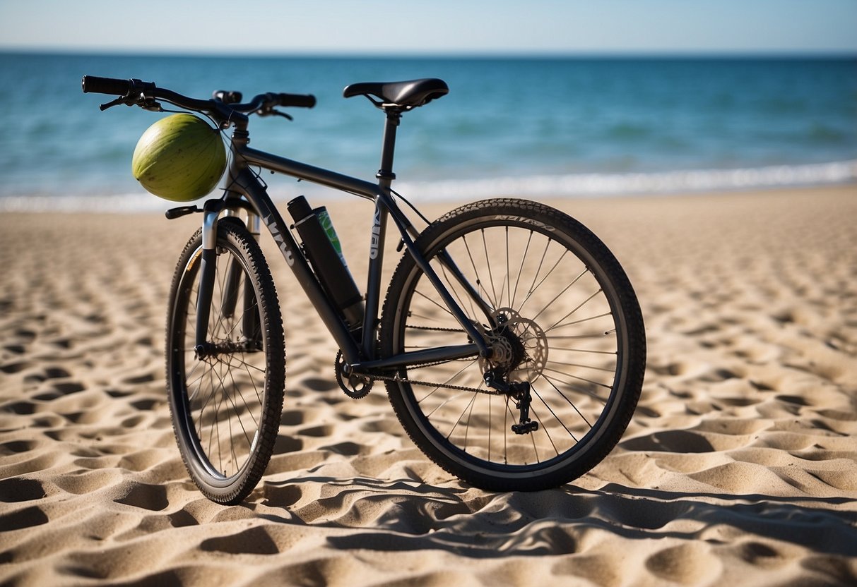 A bicycle parked on a sandy beach with a coconut water bottle placed next to it. The sun is shining, and the ocean is visible in the background