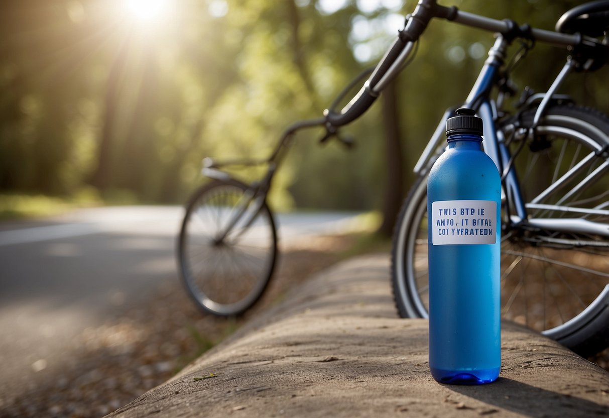 A water bottle placed next to a bicycle, with a sign reading "Avoid Alcohol and Caffeine 7 Tips for Staying Hydrated While Riding" in the background