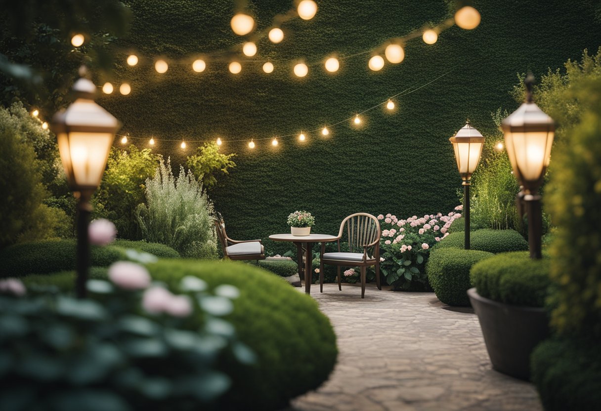 A serene garden with blooming flowers, neatly trimmed hedges, and a cozy seating area surrounded by decorative lighting and lush greenery