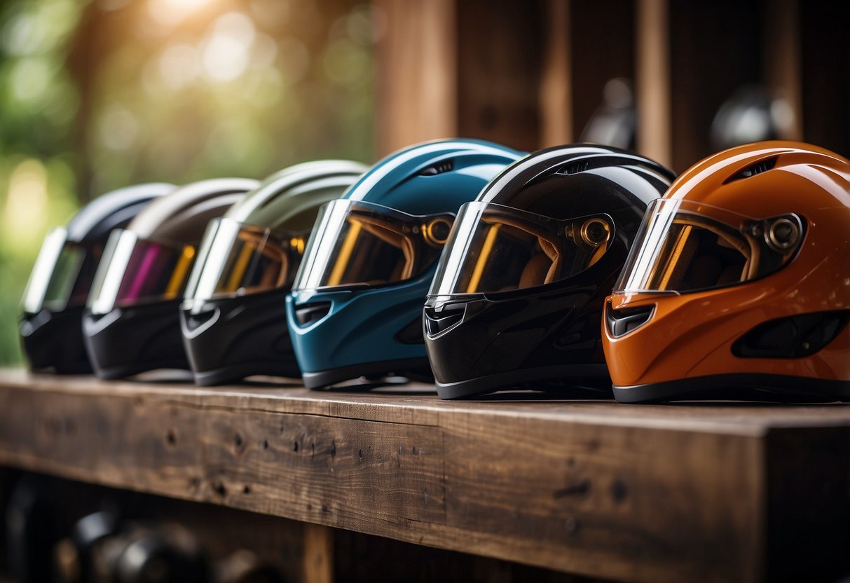 Five riding helmets arranged on a shelf, each with unique safety features highlighted