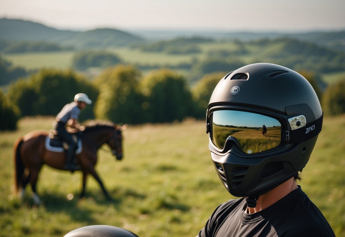 A rider wearing a Tipperary Sportage Helmet, surrounded by equestrian gear and a serene countryside backdrop