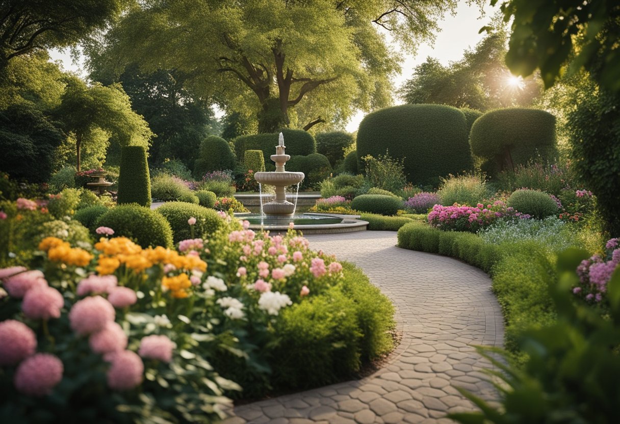 A lush garden path winds through vibrant flowers and greenery, leading to a tranquil oasis with a fountain and cozy seating areas