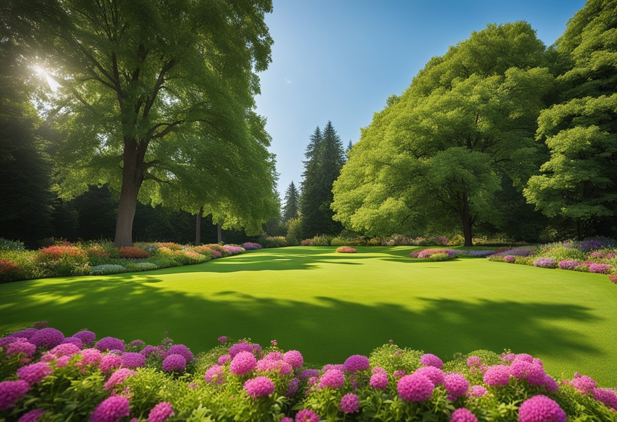 A lush green lawn with colorful flowers and neatly trimmed edges, surrounded by tall trees and a clear blue sky