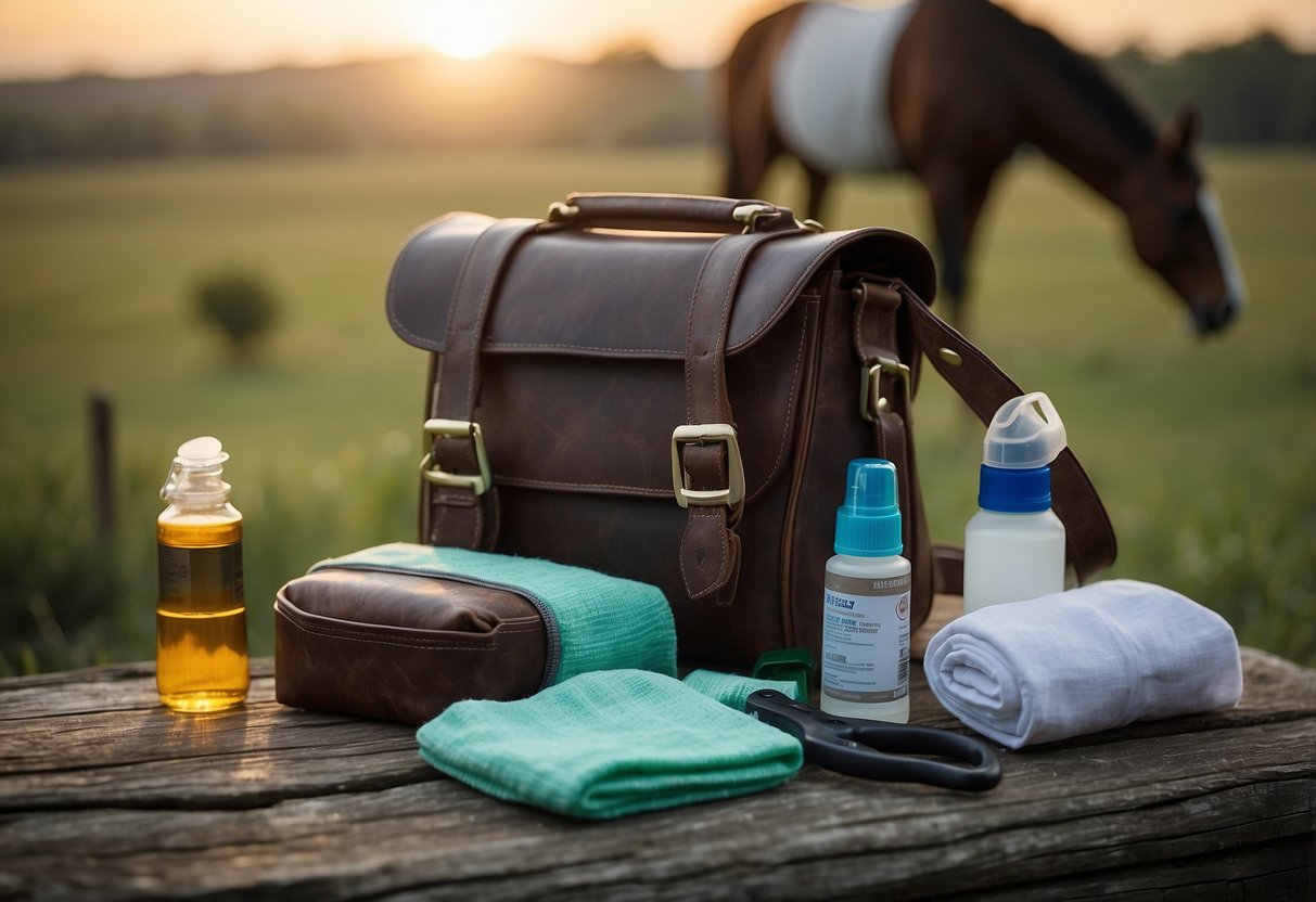 A saddlebag holds first aid items: bandages, antiseptic, scissors, gloves, and a flashlight. A horse stands nearby in a peaceful, rural setting