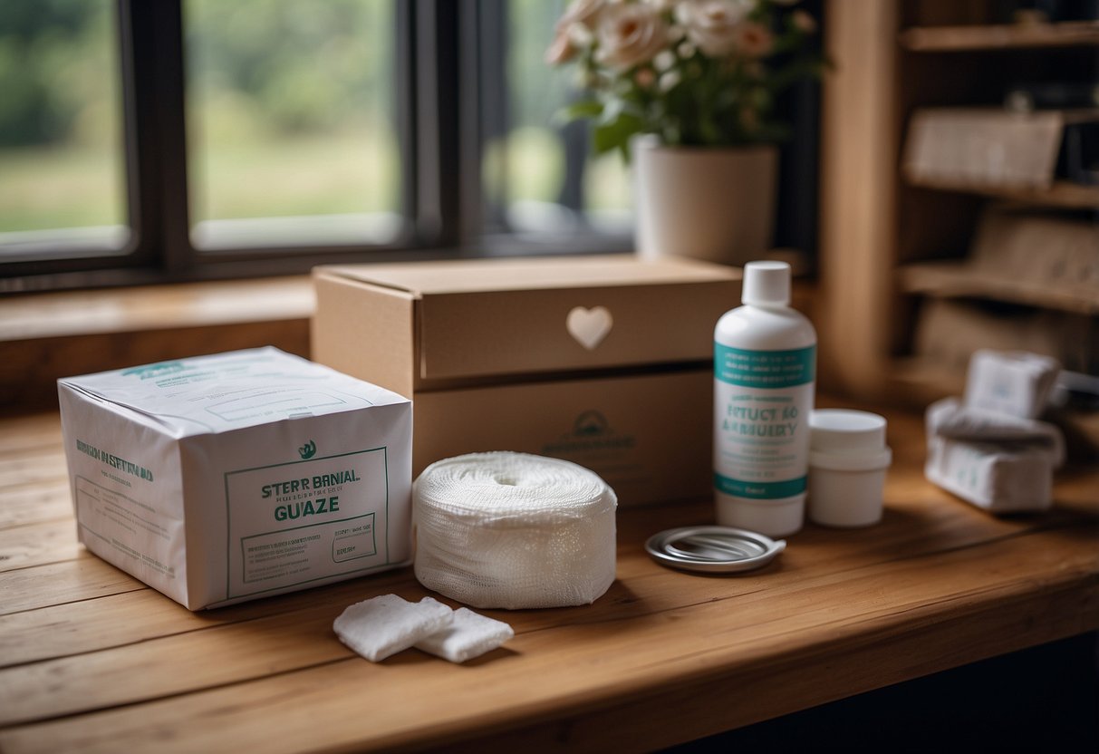 A box of sterile gauze pads sits next to a first aid kit on a wooden shelf, surrounded by other essential items for horseback riding