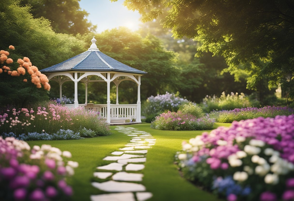 Transform the grassy lawn into a dreamy garden with colorful flowers, winding paths, and a charming gazebo