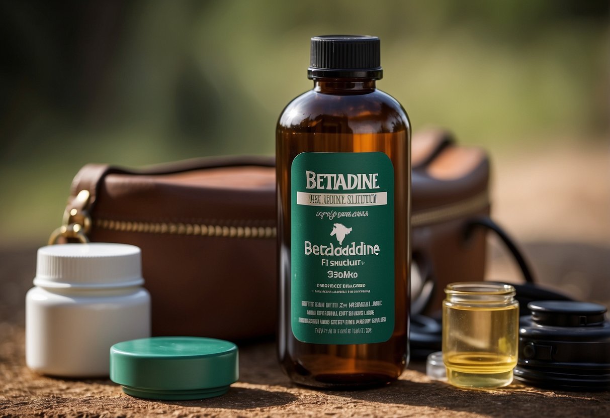 A bottle of Betadine Solution sits among essential first aid items for horseback riding