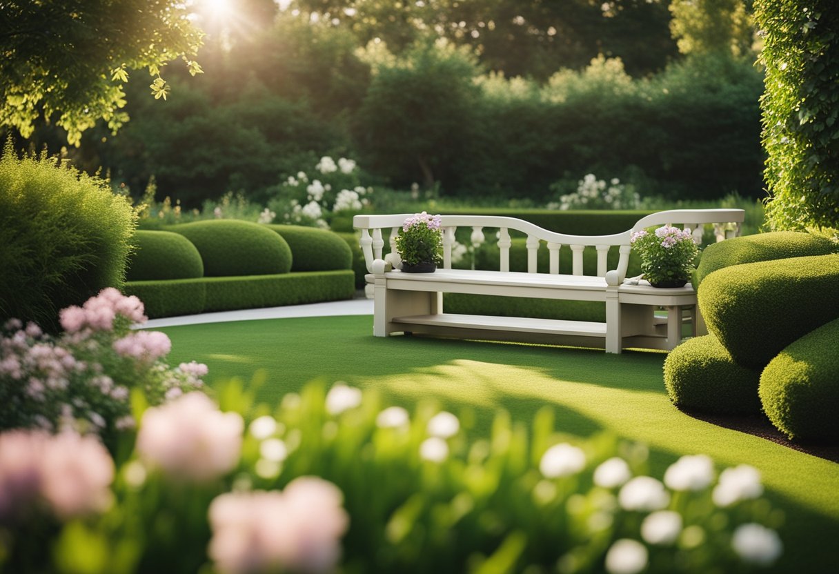 A well-maintained garden with lush green grass, blooming flowers, and neatly trimmed hedges. A cozy seating area with decorative planters and a serene water feature completes the dreamy landscape