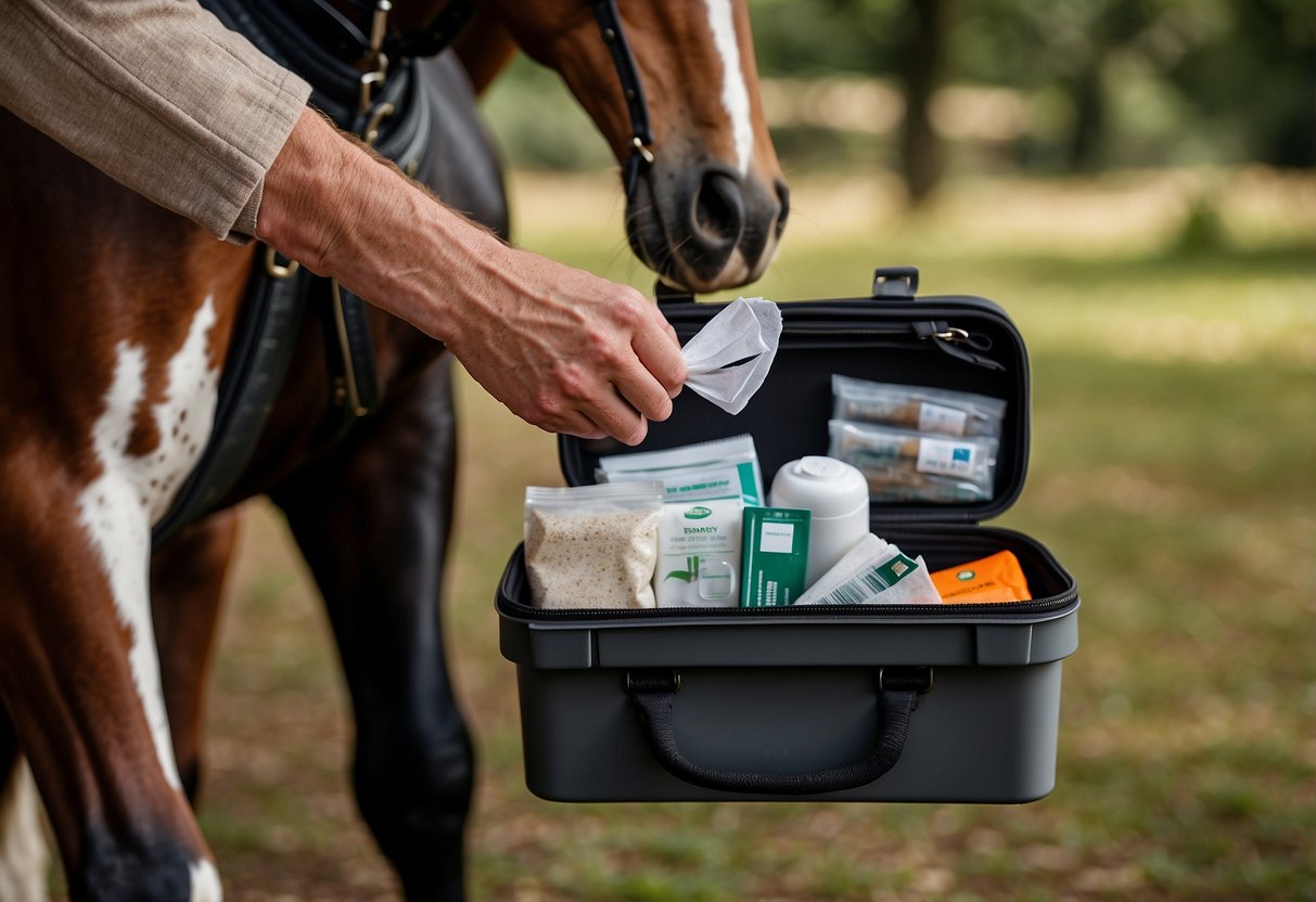 A horseback rider opens the ReadyVet First Aid Kit, revealing essential items like bandages, antiseptic wipes, and scissors neatly organized inside