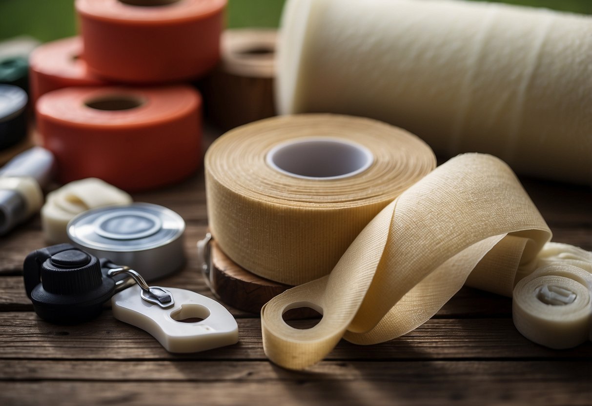 A roll of vetwrap bandaging tape sits alongside other essential first aid items for horseback riding