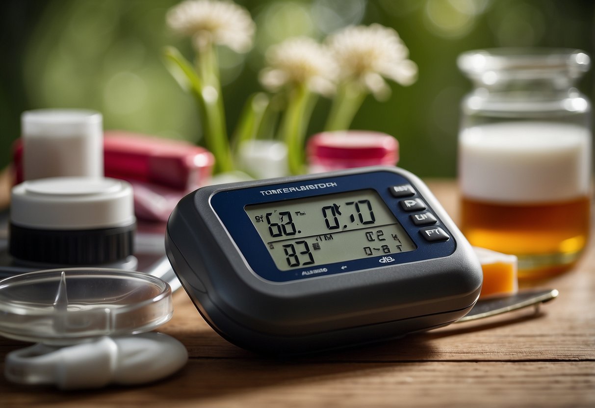 A digital thermometer sits among 10 essential first aid items for horseback riding. The items are neatly arranged on a clean, organized surface