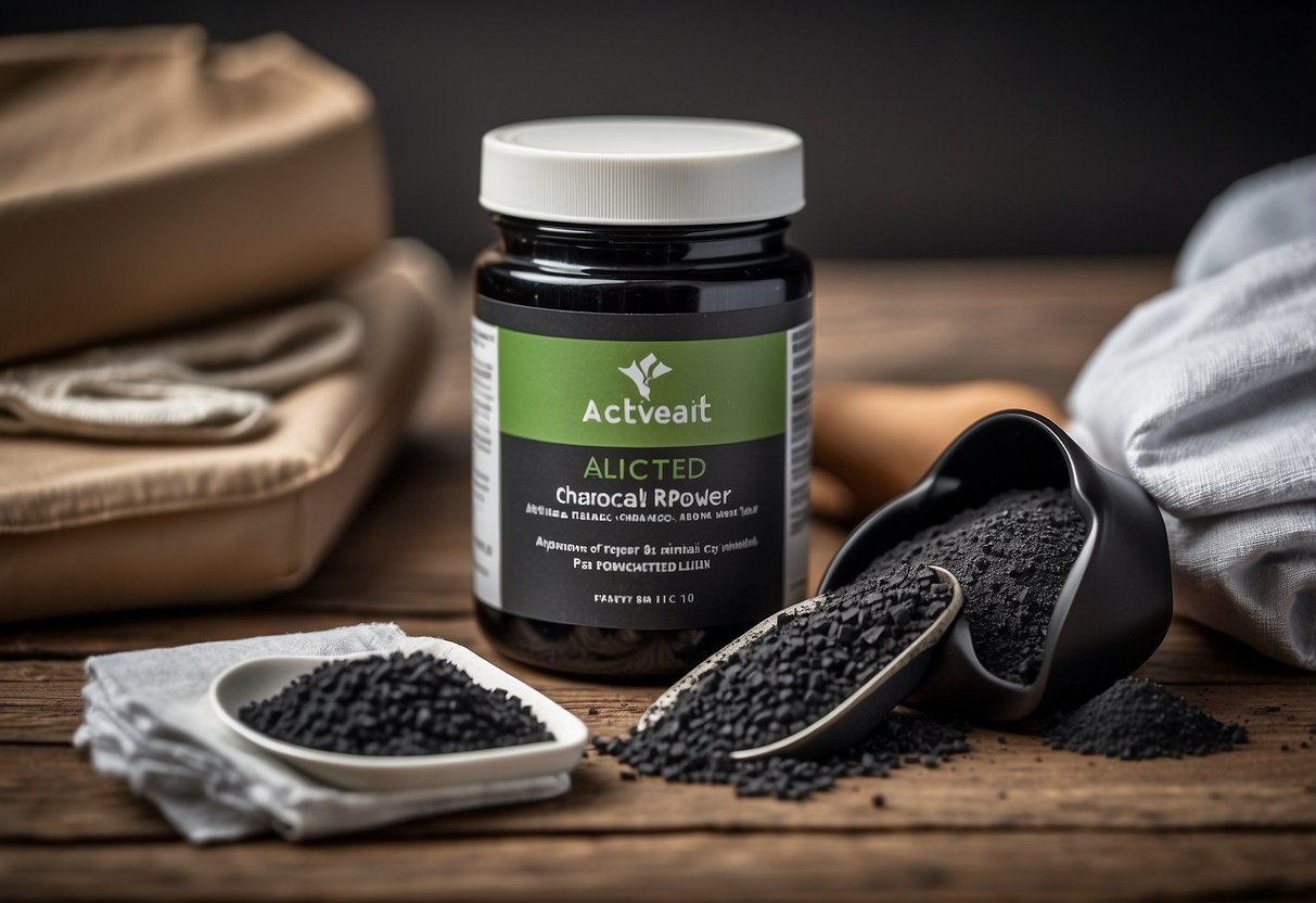 A jar of activated charcoal powder sits alongside 10 essential first aid items for horseback riding. Items include bandages, antiseptic wipes, and scissors