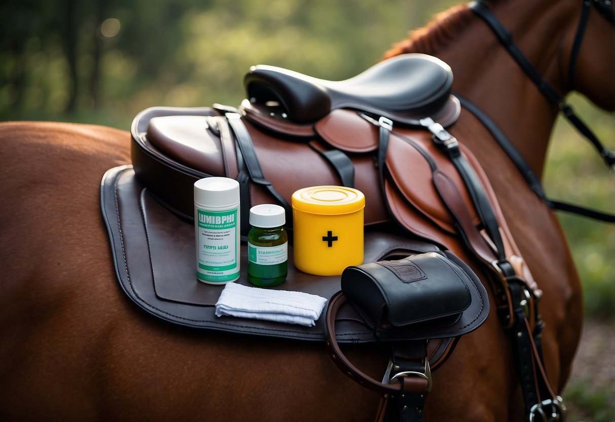 A horse saddle with first aid kit attached, showing non-stick adhesive pads among essential items