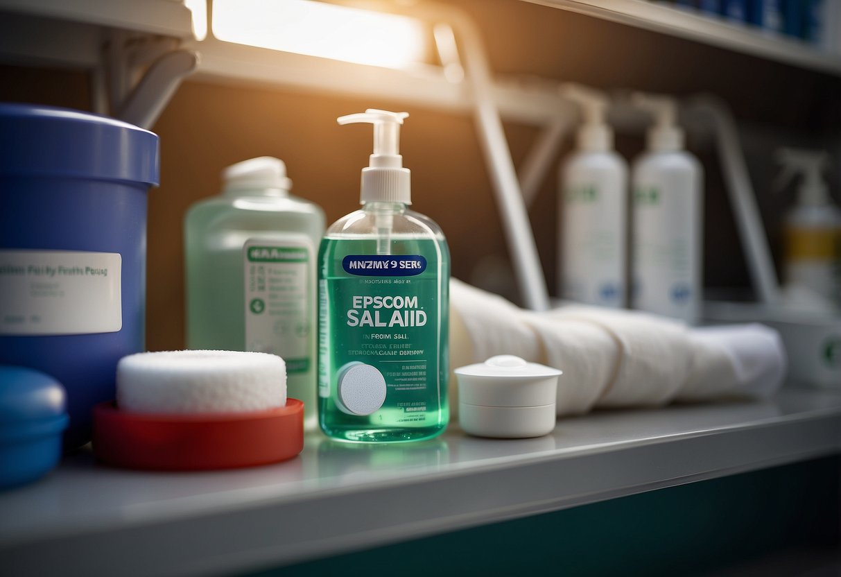 A container of Epsom salt sits among bandages, antiseptic spray, and other first aid items on a stable shelf