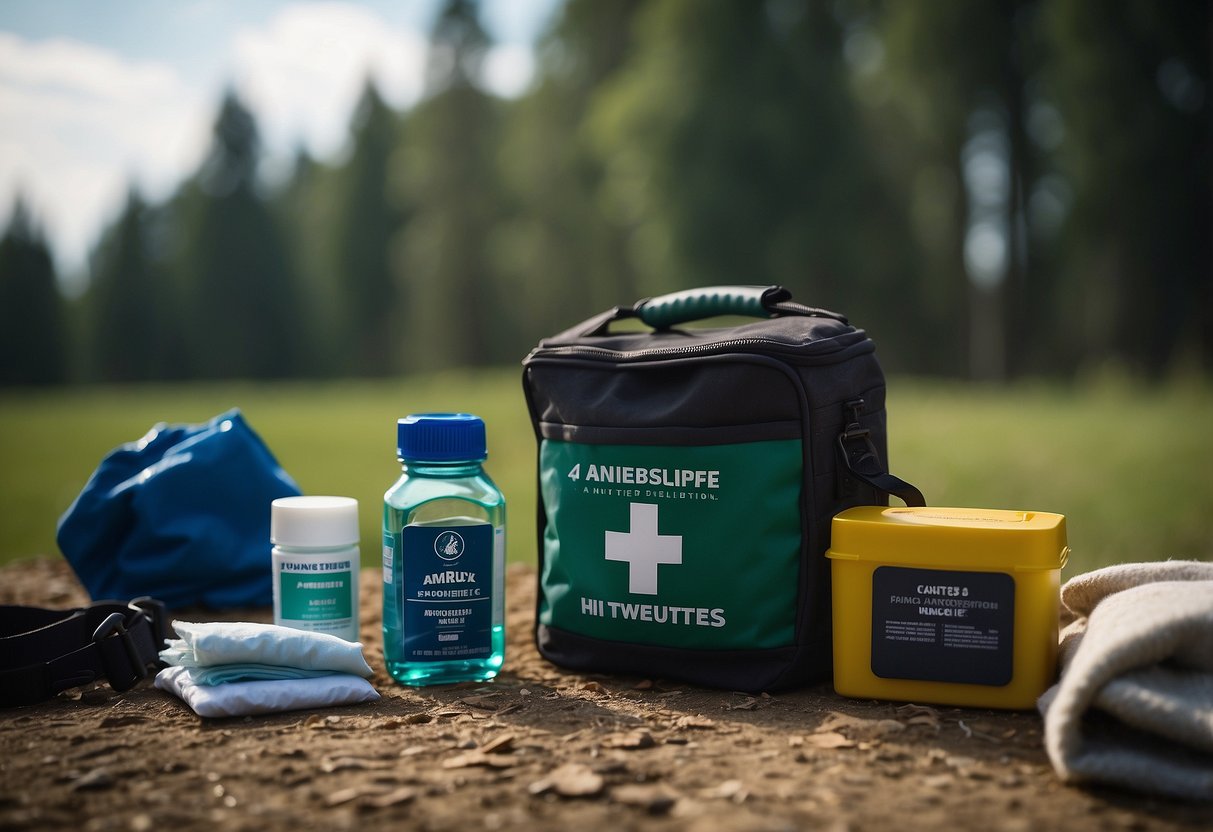 A pack of antiseptic towelettes lying next to a first aid kit, surrounded by horseback riding gear and equipment