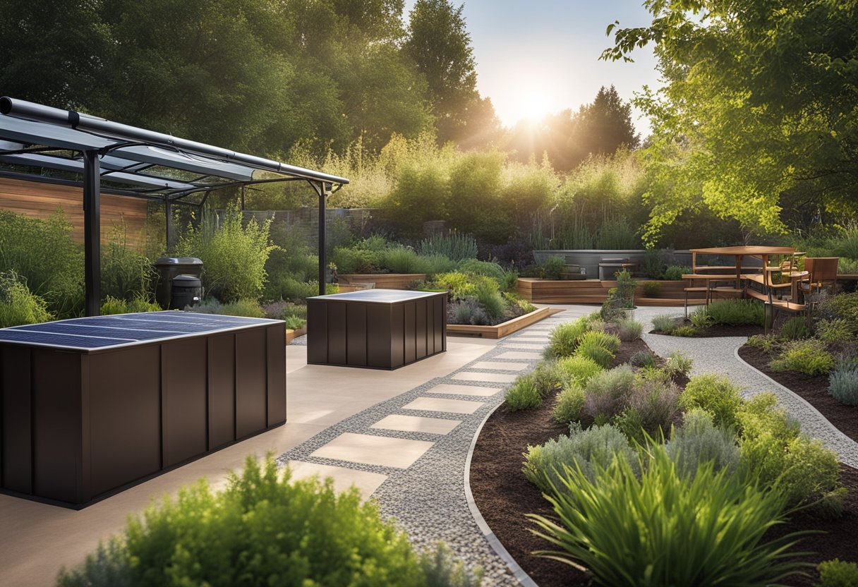 A sustainable outdoor space with native plants, compost bins, and solar-powered lighting. Recycled materials used for seating and play structures. Rainwater harvesting system and permeable paving for water management