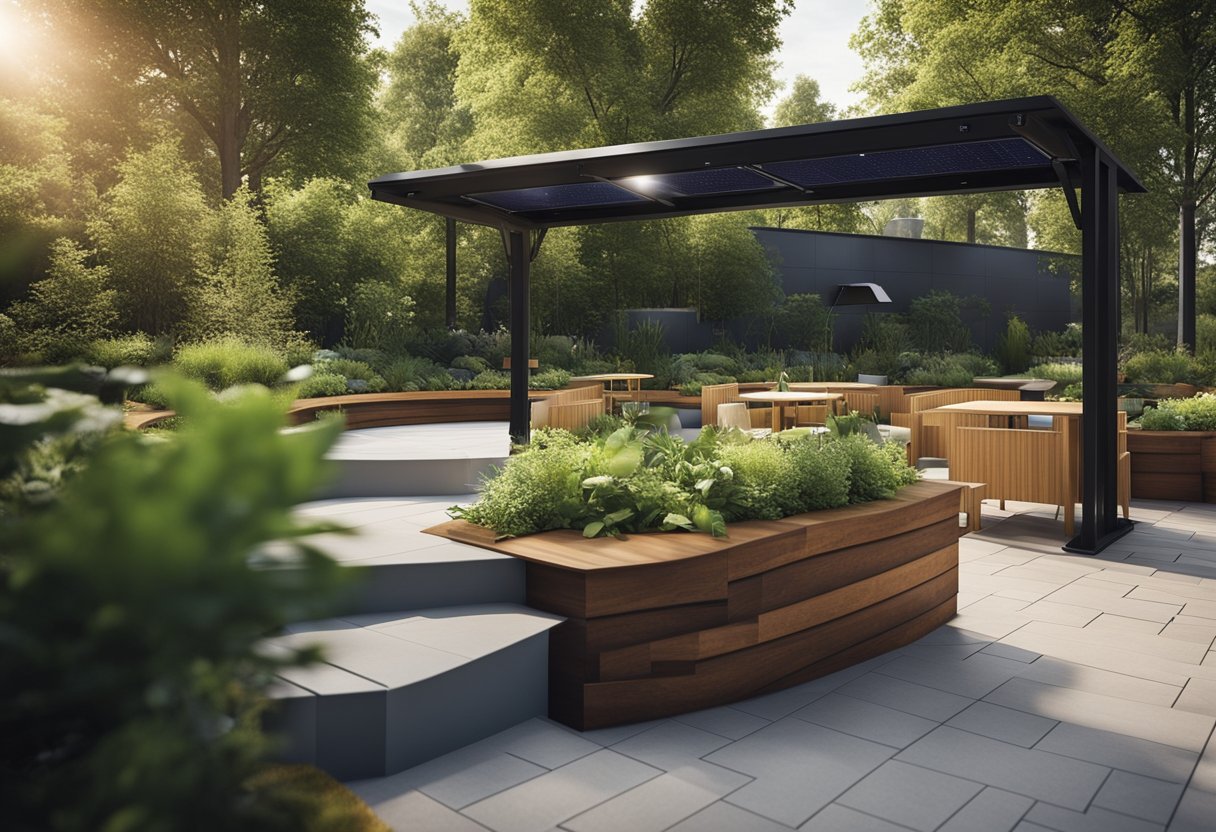 A sustainable outdoor area with green spaces, solar panels, and recycling bins. A seating area with natural materials and a water feature