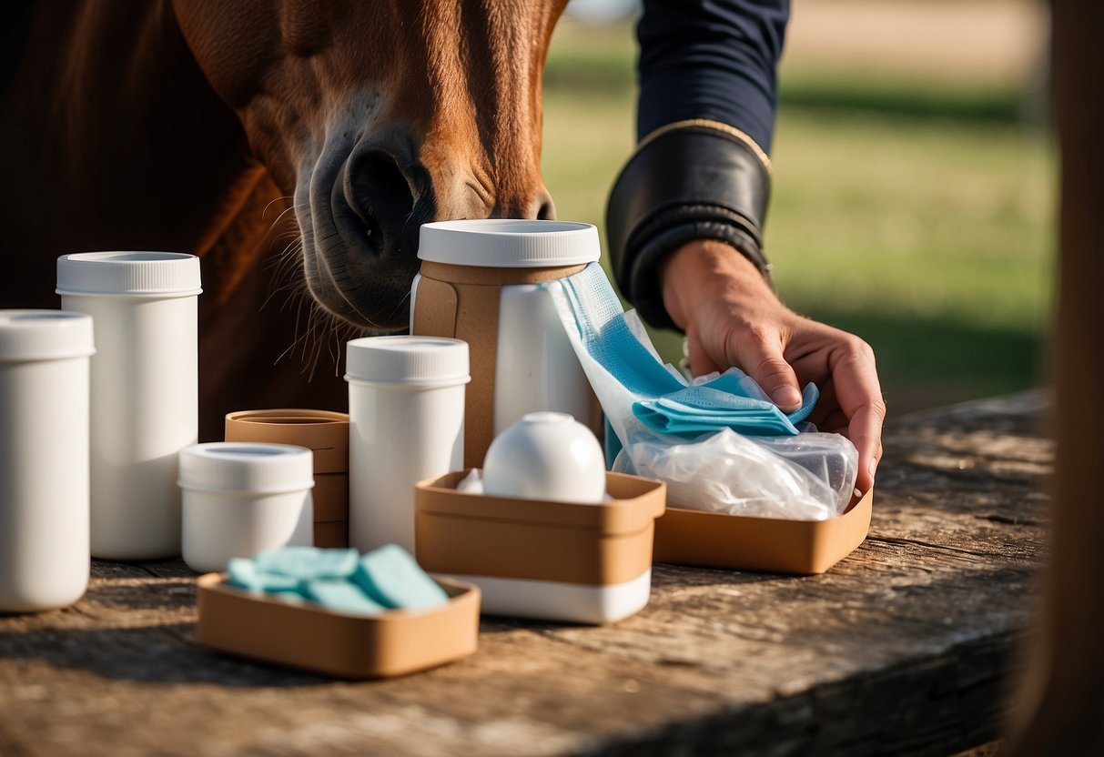 A horseback rider administers first aid using essential items like bandages, antiseptic wipes, and scissors in a stable setting