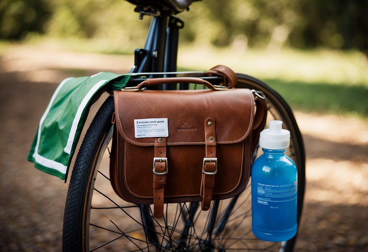 A saddlebag with first aid items hangs from a saddle. Contents include bandages, antiseptic wipes, scissors, and a hoof pick. Nearby, a water bottle and emergency contact information are easily accessible