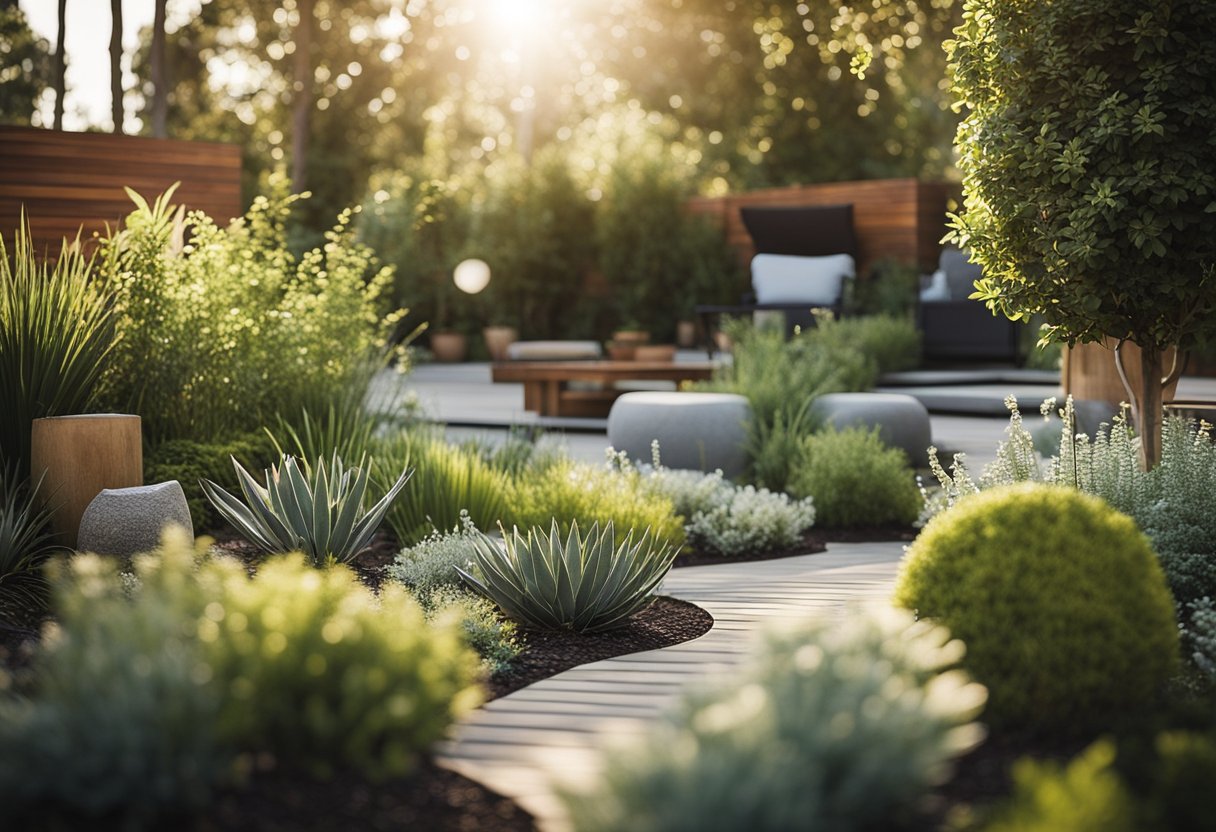 A sustainable outdoor space with functional design elements, such as recycled materials, native plants, and efficient water usage