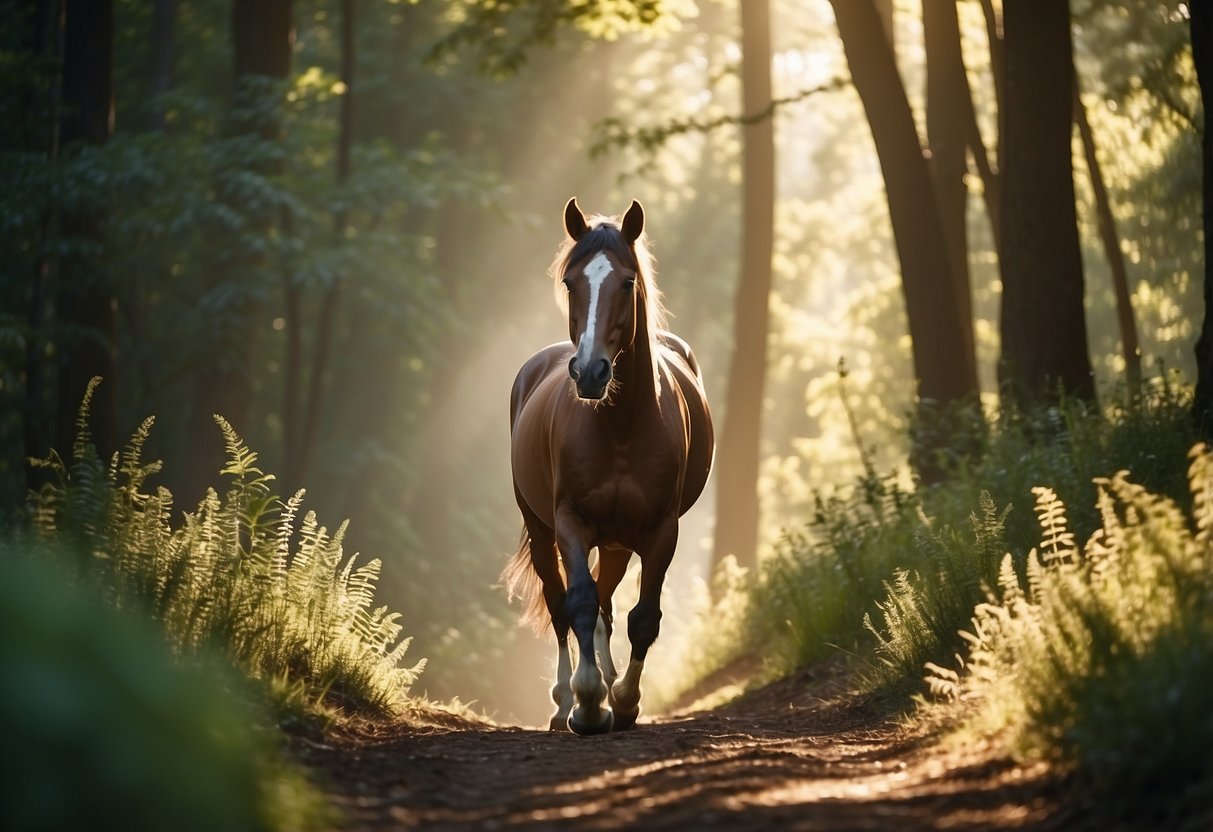 A horse gracefully navigating a winding trail through a lush forest, with sunlight filtering through the trees and birds chirping in the background