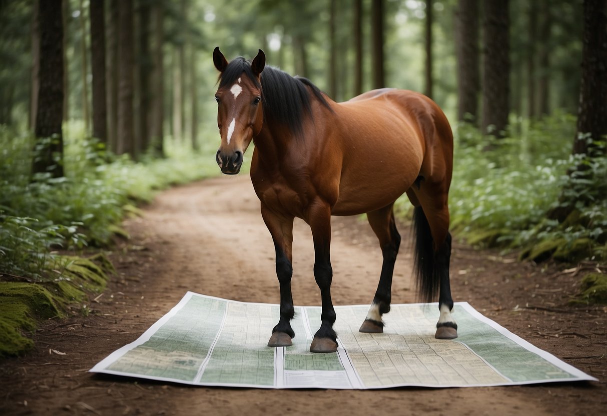 A horse stands next to a trail map, surrounded by trees and a clear path. The map is open, with a few highlighted trails and a compass