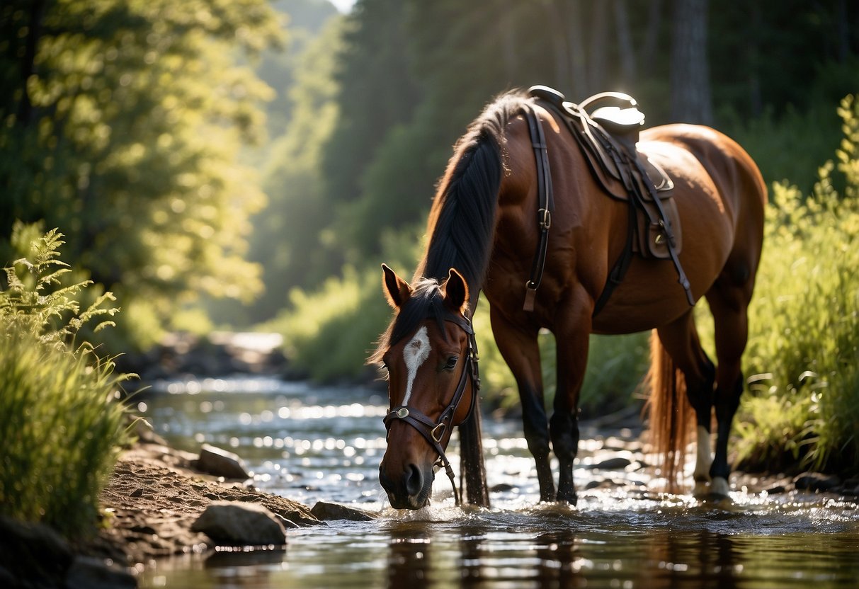 A horse drinks from a clear stream beside a winding trail. Sunlight filters through the trees, casting dappled shadows on the path. A water bottle and saddlebag sit nearby, emphasizing the importance of staying hydrated while navigating trails on horseback