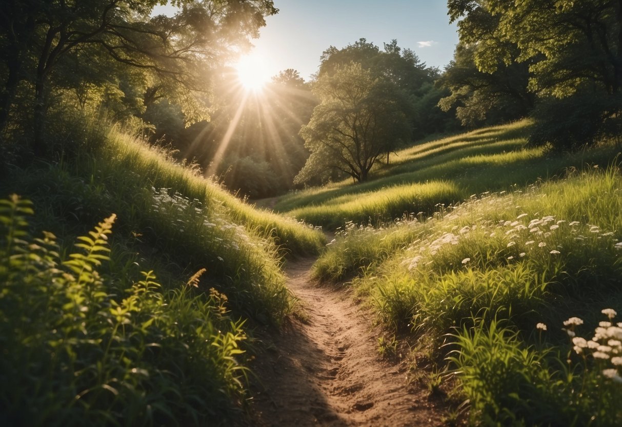 The sun shines brightly over a winding trail, surrounded by lush green trees. The sky is clear, with a few fluffy white clouds. The ground is firm and dry, perfect for a horseback ride