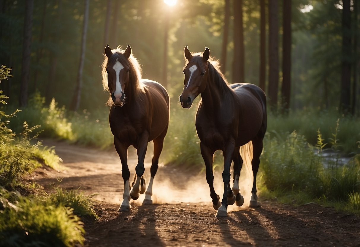 Two horses trotting side by side along a winding forest trail, with a serene river flowing beside them. The sun casts a warm glow over the lush greenery, creating a peaceful and picturesque scene