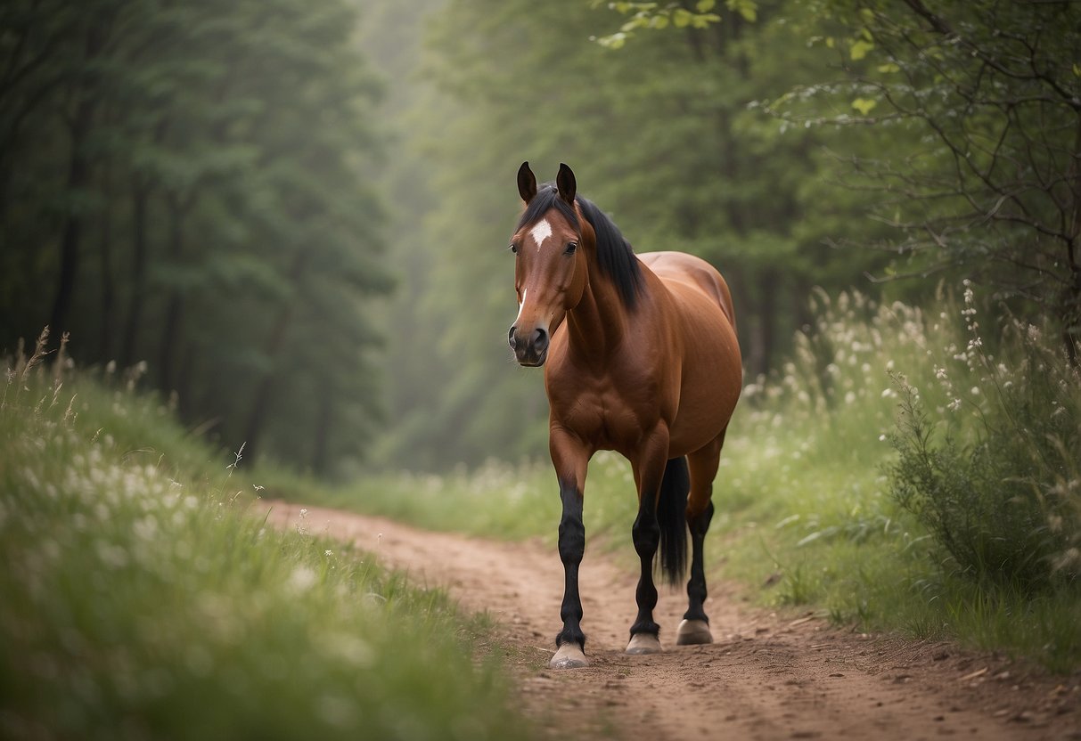 A horse calmly navigates a winding trail, ears forward and alert. It pauses to sniff the ground, displaying curiosity and intelligence in its behavior