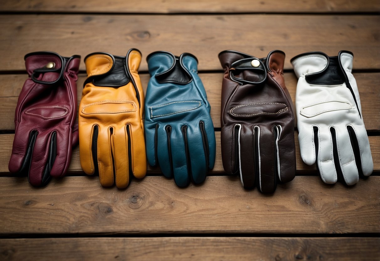 Five riding gloves arranged neatly on a rustic wooden table. The gloves vary in color and style, showcasing the top options for riders