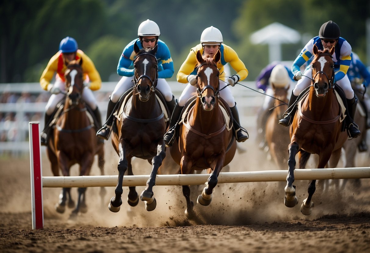 Horses navigating through obstacle course, jumping over hurdles, weaving through poles, and trotting in formation. Riders attempting to perform tricks and stunts while on horseback